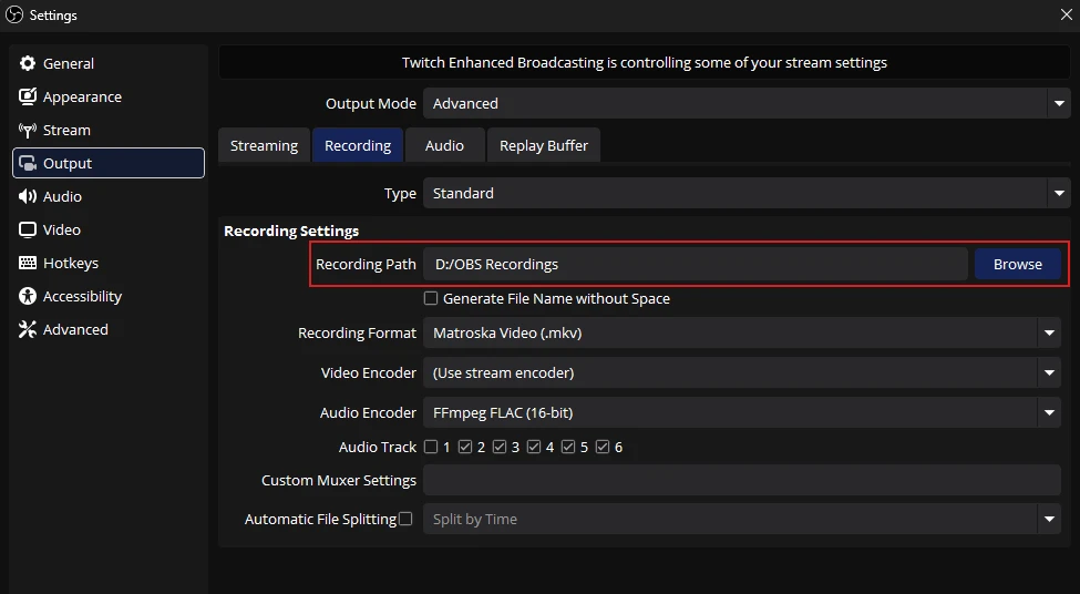 OBS Output settings showing the Recording Path field set to a local recordings folder