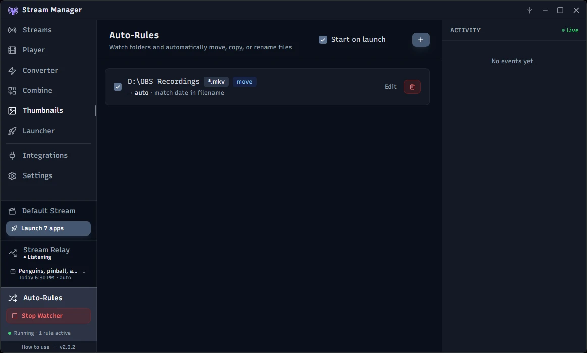 Stream Manager's Auto-Rules file-watcher configuration for moving, renaming, and converting files