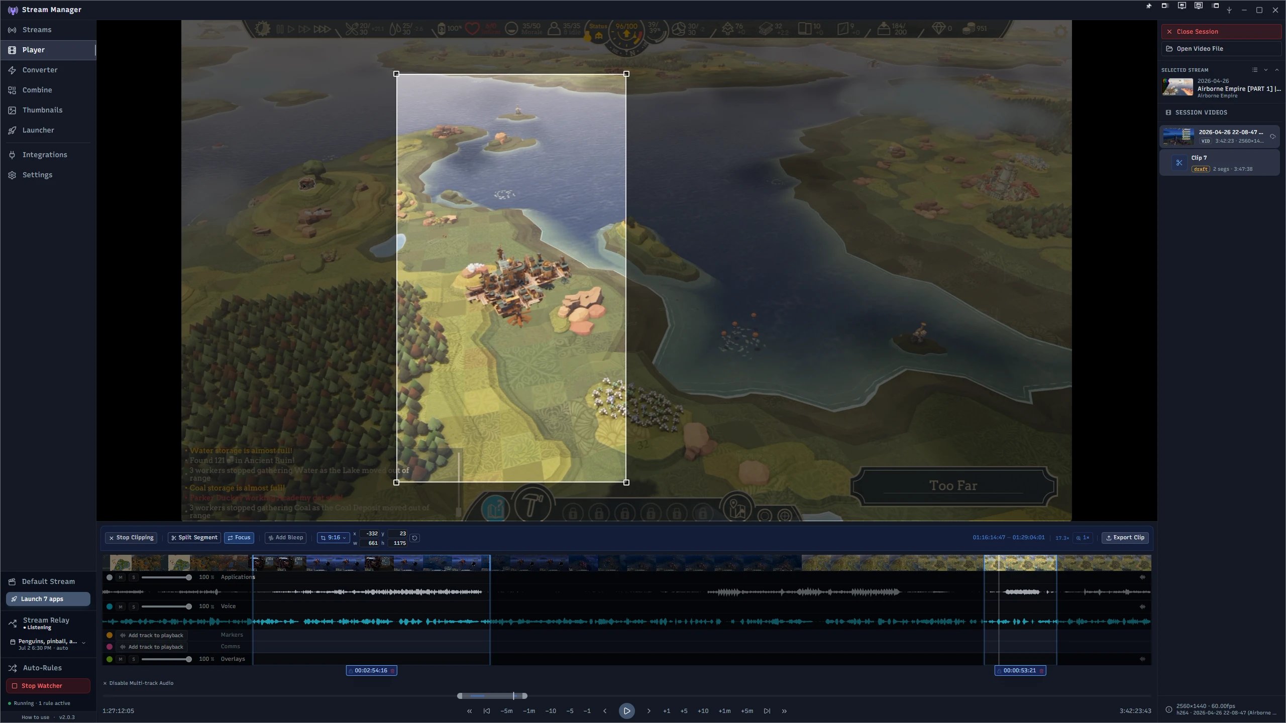 Stream Manager's Clipper tool showing two synchronized preview frames marking the in and out points of a clip, with a timeline of cut segments below