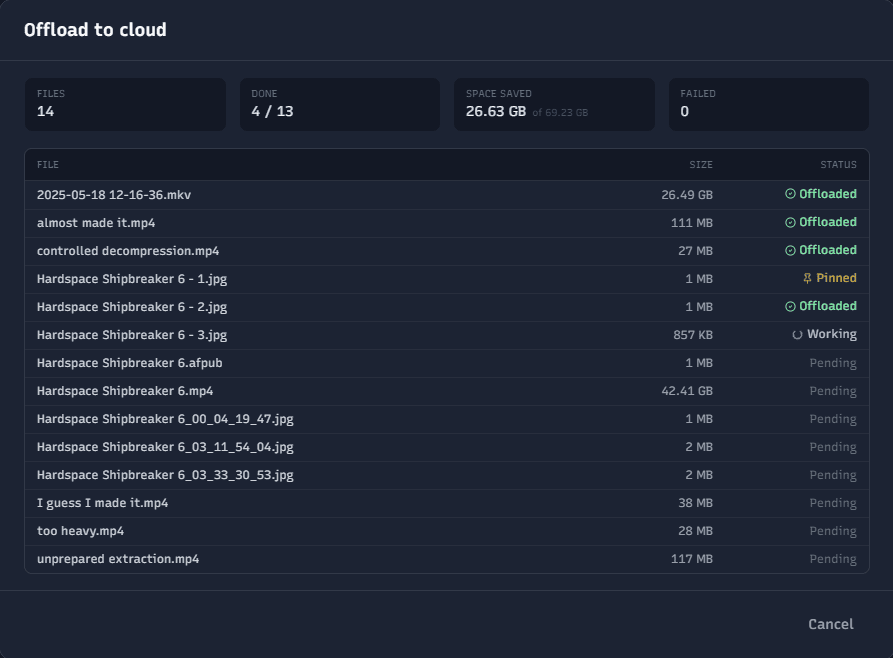 Stream Manager's 'Offload to cloud' dialog: 14 stream files with sizes and status badges (Offloaded, Pinned, Working, Pending)