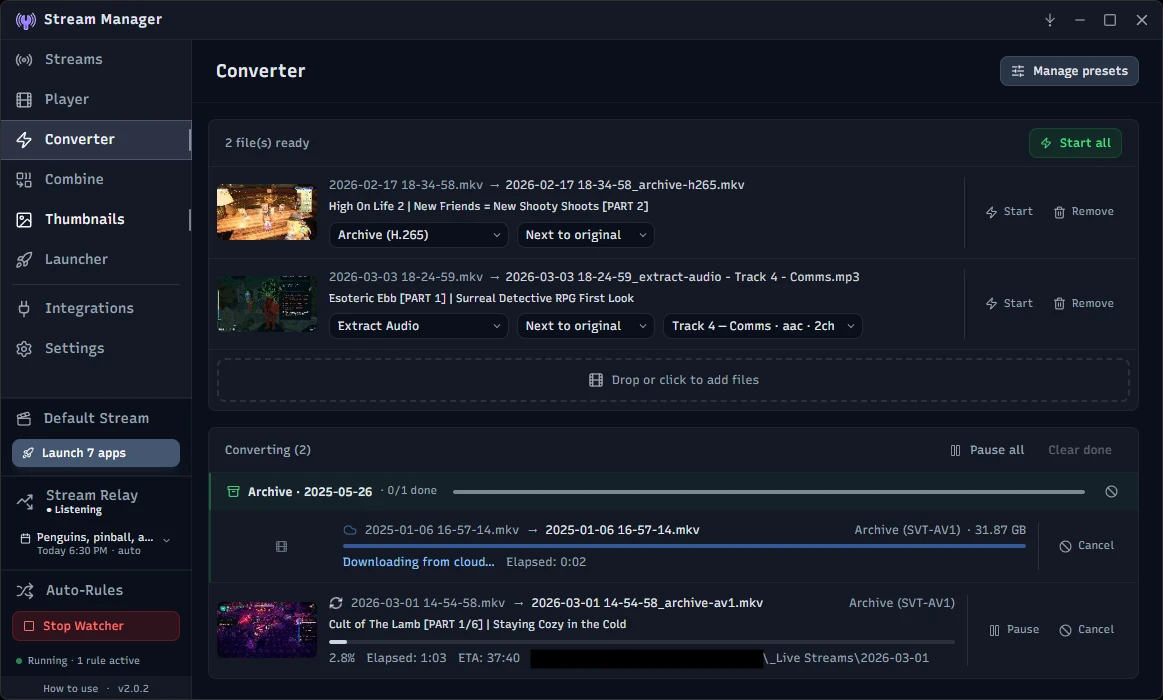 Stream Manager's Converter with ffmpeg presets and a queue of jobs