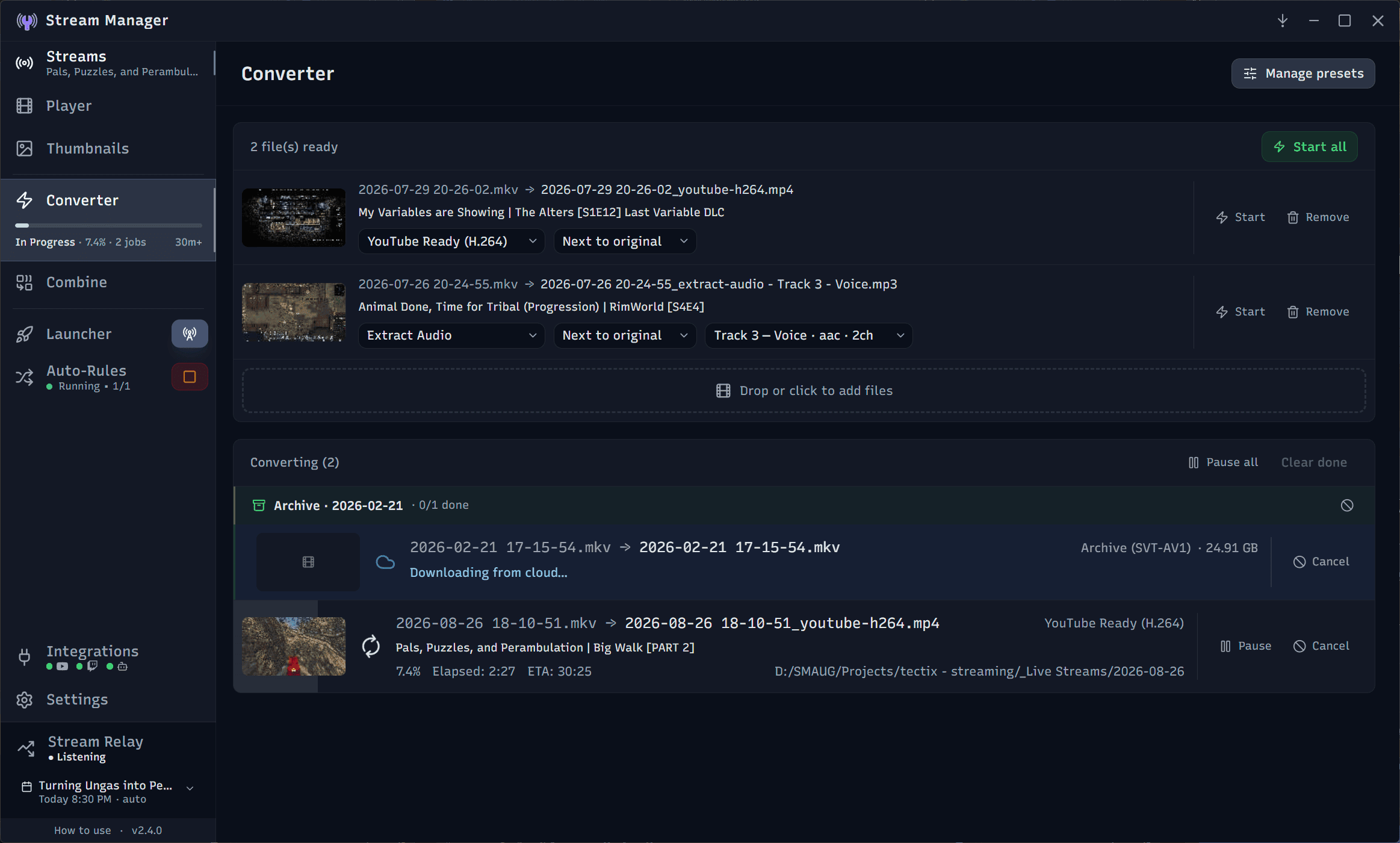 Stream Manager's Converter with ffmpeg presets and a queue of jobs