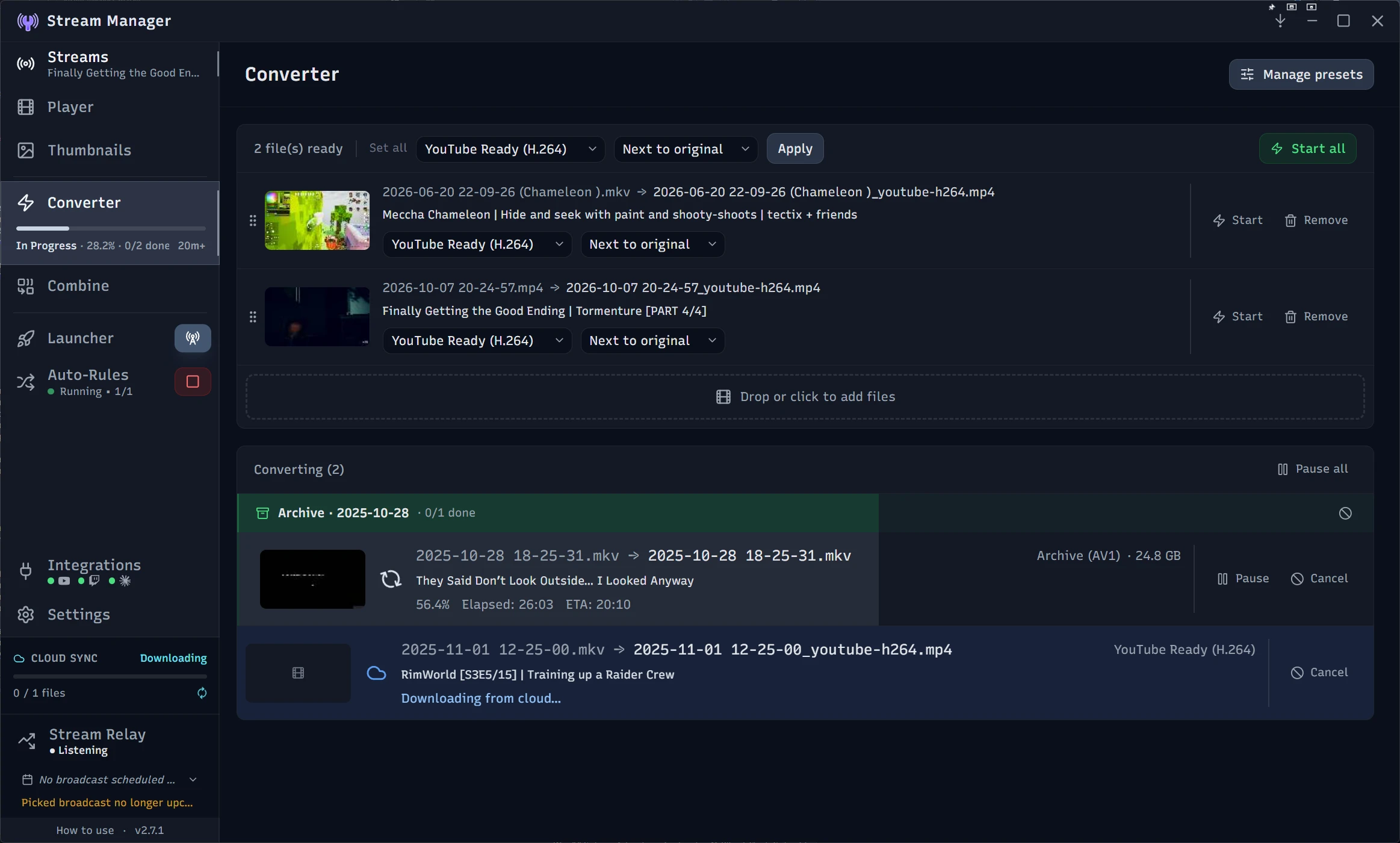 Stream Manager's Converter: two files ready with a Set all row above them, and a Converting list with an Archive (AV1) job in progress and a YouTube Ready job downloading from the cloud