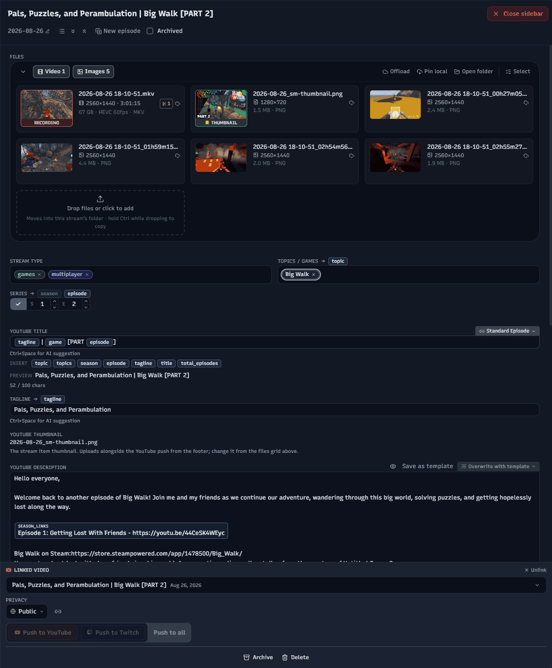 Stream Manager's metadata editor: title, description, and tag fields with one-click sync buttons to push updates to Twitch and YouTube