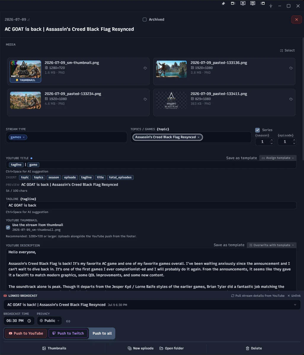 Stream Manager's metadata editor: title, description, and tag fields with one-click sync buttons to push updates to Twitch and YouTube