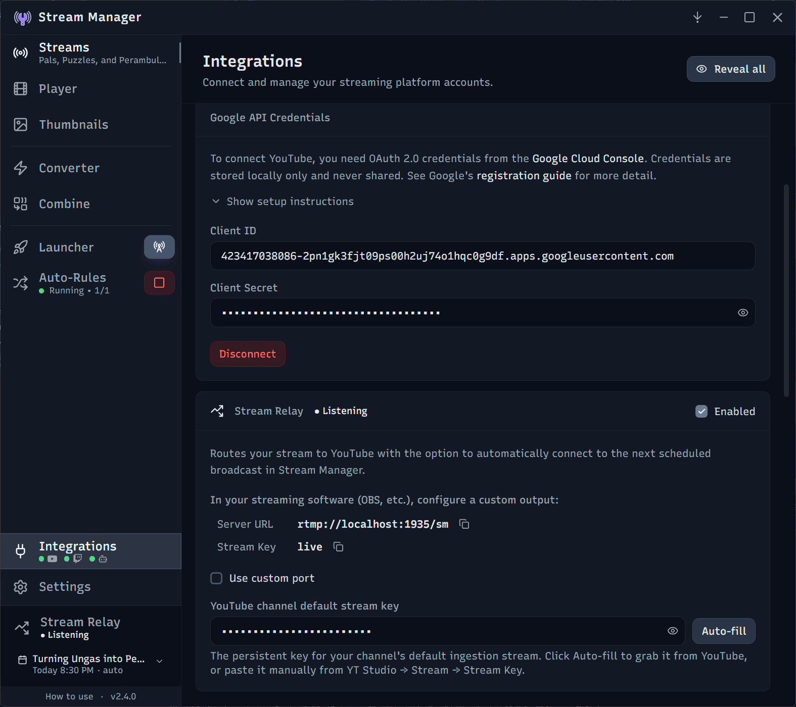 Stream Manager's Integrations page connecting YouTube, Twitch, and Claude AI
