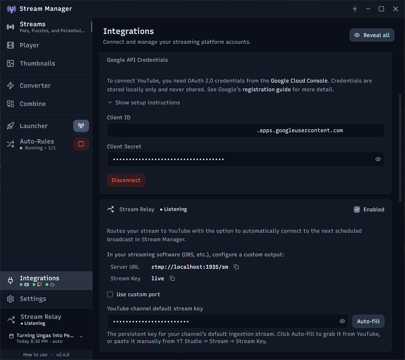 Stream Manager's Integrations page connecting YouTube, Twitch, and Claude AI