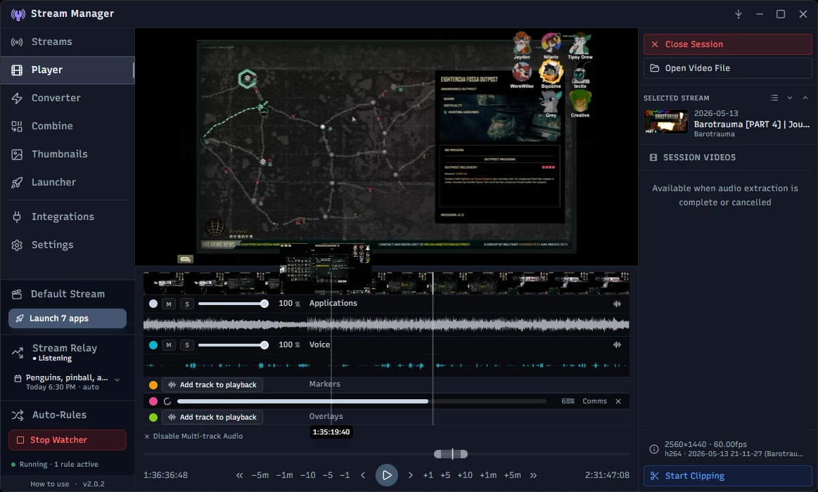 Stream Manager's Video Player reviewing a stream with a scrubbable timeline and marker panel
