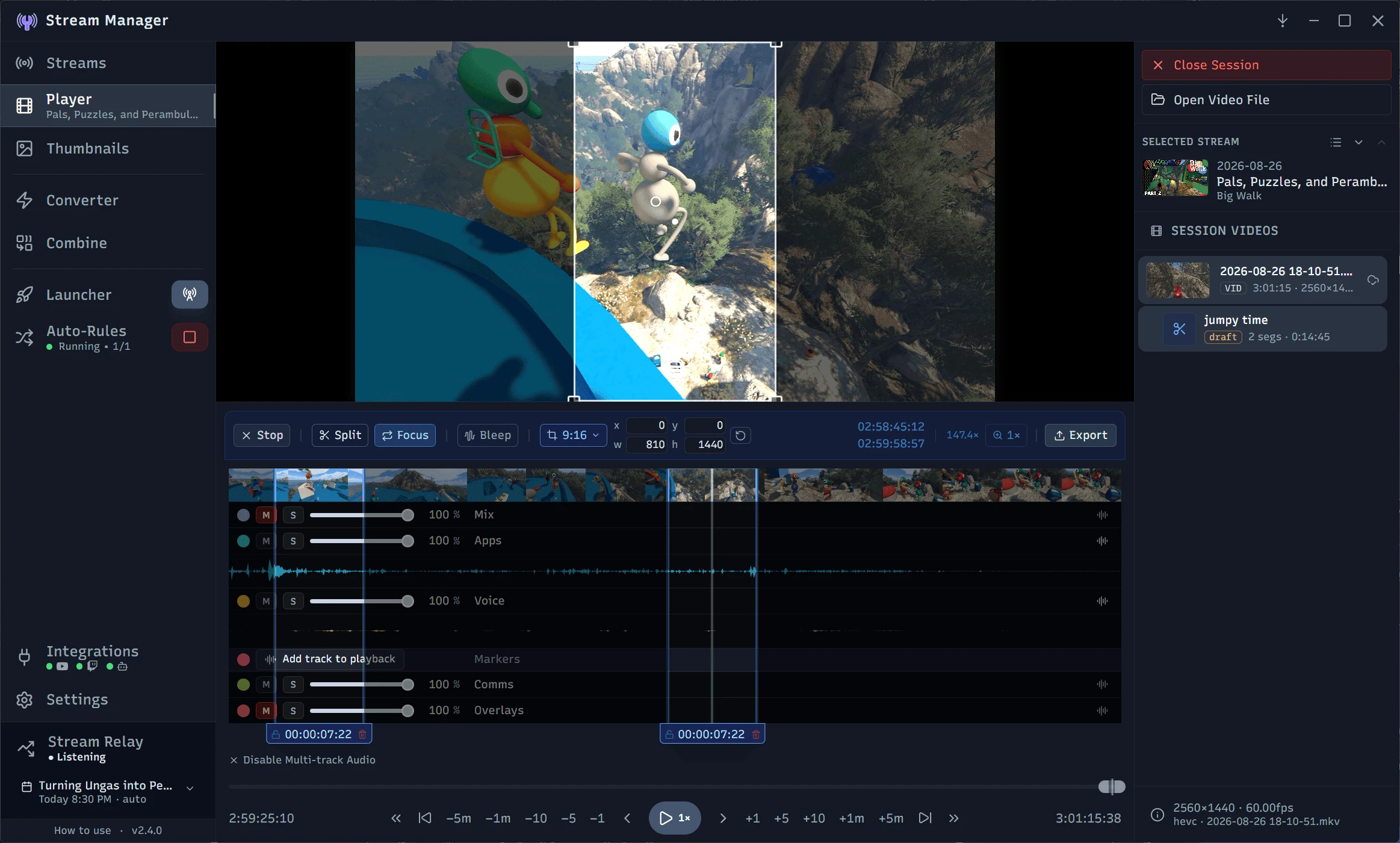 Stream Manager's Player reviewing a stream recording: video preview above a scrubbable thumbnail timeline with separate Mix, Apps, Voice, Comms, and Overlays audio tracks, and the session's videos and clips listed alongside