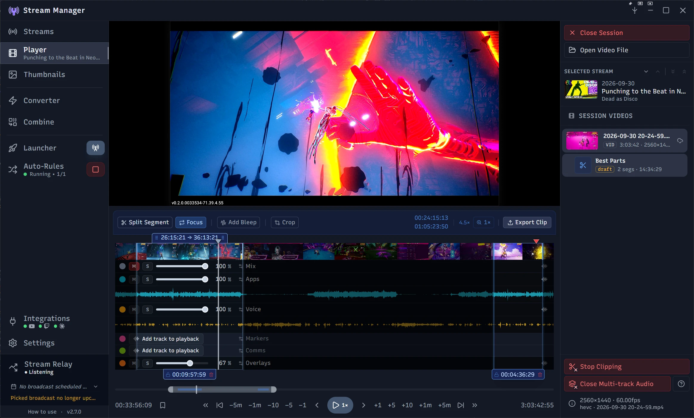 Stream Manager's Player reviewing a stream recording: video preview above a scrubbable thumbnail timeline with separate Mix, Apps, Voice, Comms, and Overlays audio tracks, and the session's videos and clips listed alongside