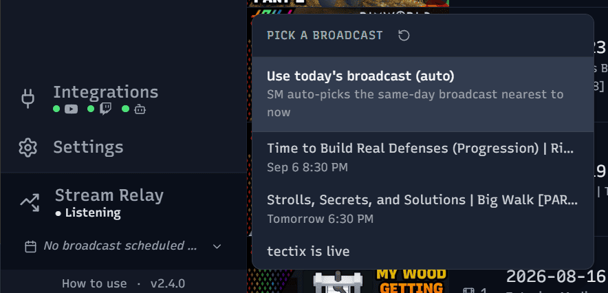 Stream Manager's Stream Relay widget showing live broadcast status, bitrate, and elapsed time