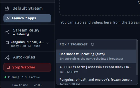 Stream Manager's Stream Relay widget showing live broadcast status, bitrate, and elapsed time