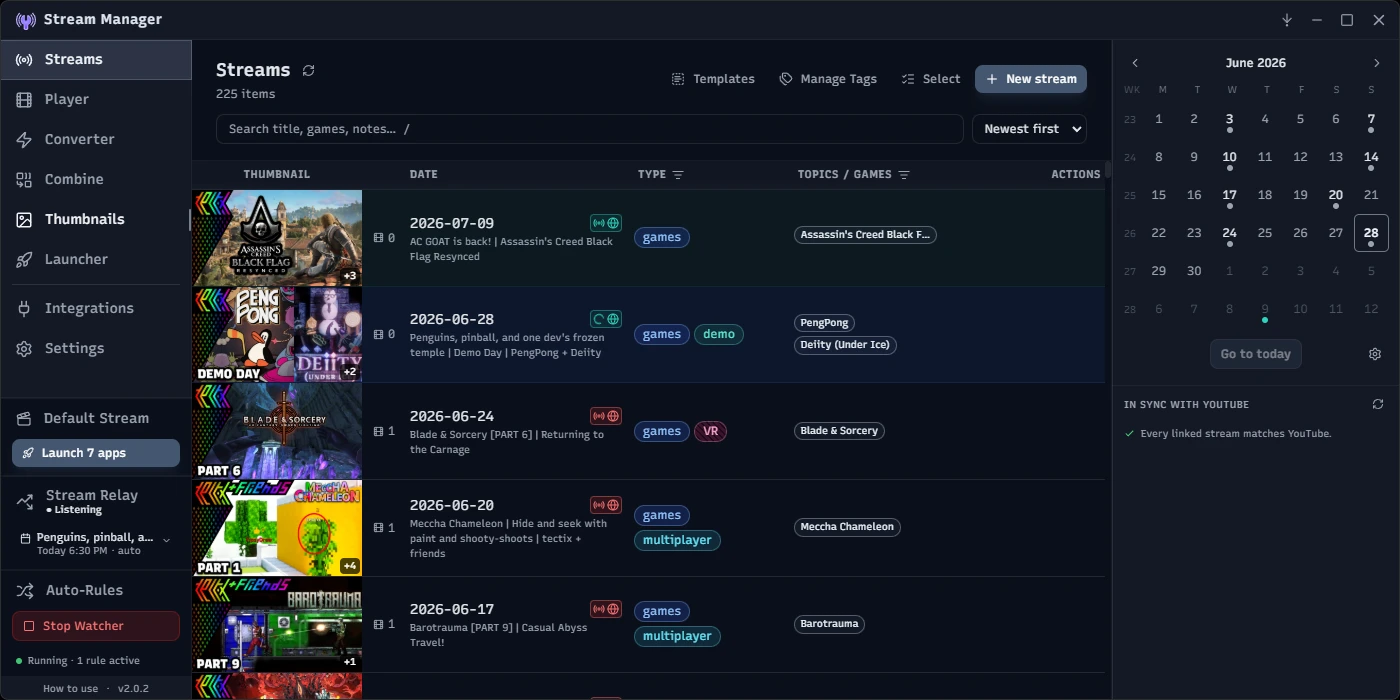 Stream Manager's Streams library: a table of upcoming and past stream recordings with thumbnails, dates, game tags, and per-row comments