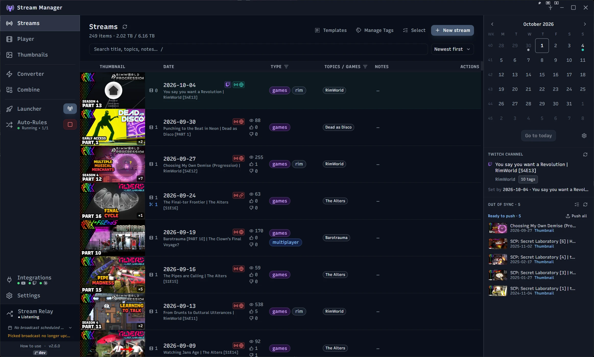 Stream Manager's Streams library: a table of stream recordings with thumbnails, dates, YouTube view and like counts, type and topic tags, and notes, beside a calendar and a panel of details ready to push