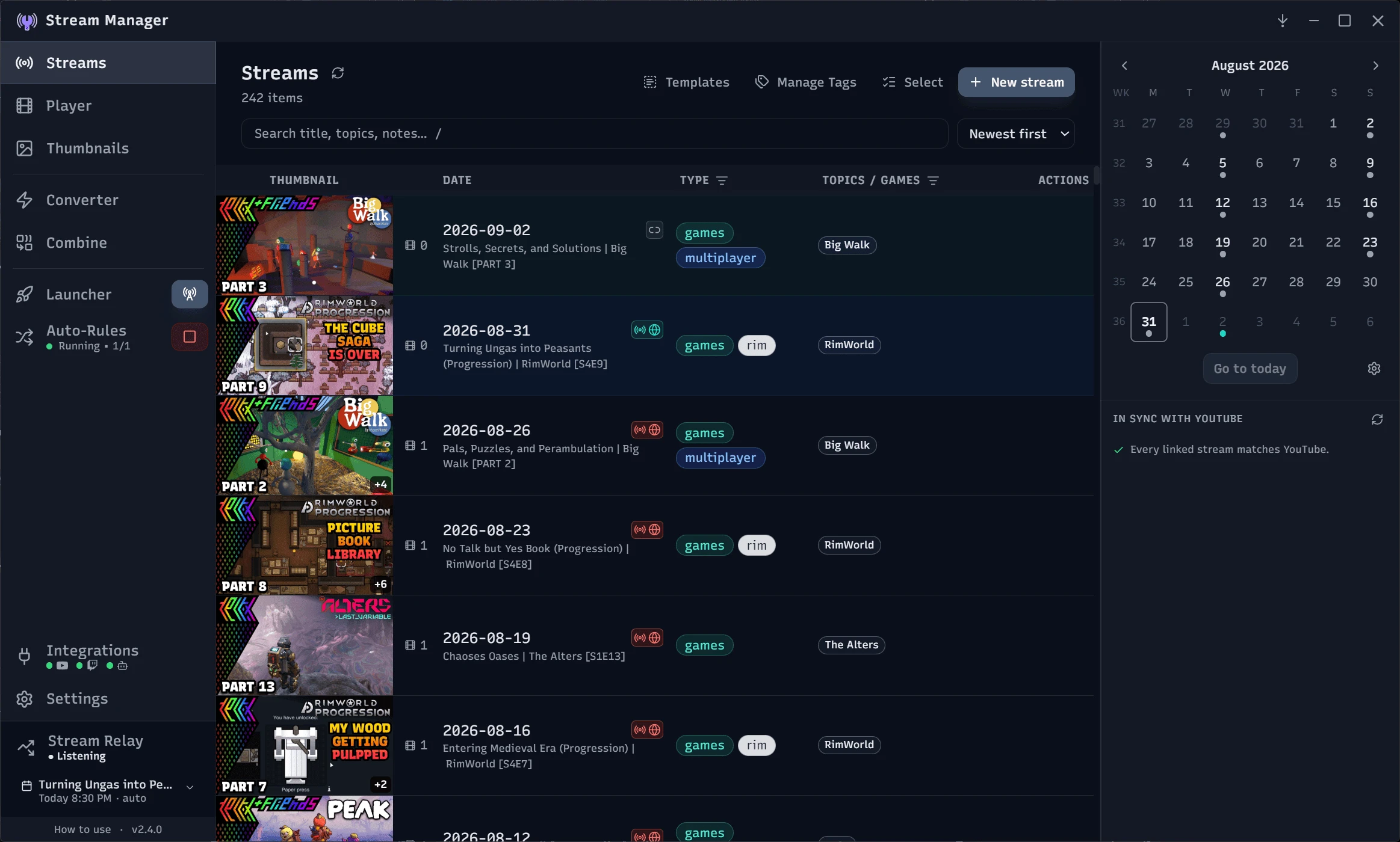 Stream Manager's Streams library: the main hub of stream sessions with thumbnails, dates, tags, and per-row comments