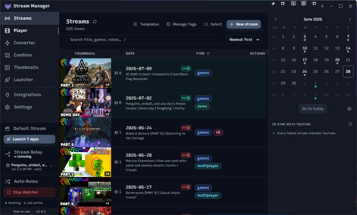 Stream Manager's Streams library: a table of upcoming and past stream recordings with thumbnails, dates, game tags, and per-row comments