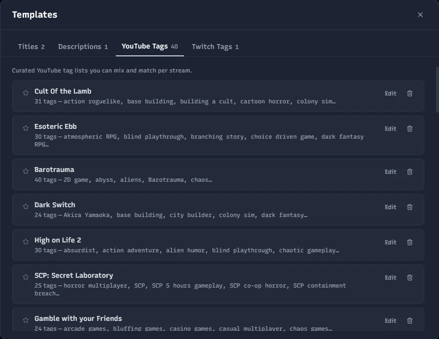 Stream Manager's Templates dialog on the Tags tab: curated reusable tag lists per game or topics, with the option to create new templates