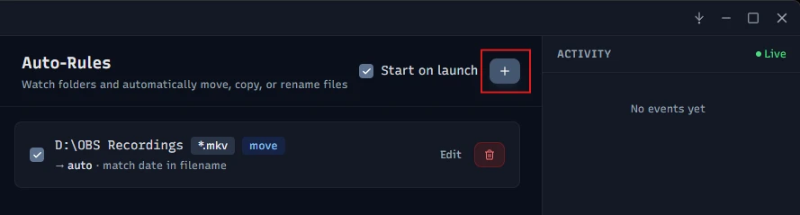 Stream Manager's Auto-Rules setup watching a recordings folder and moving new files into the Streams library