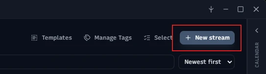 Stream Manager's New Stream button in the Streams page toolbar