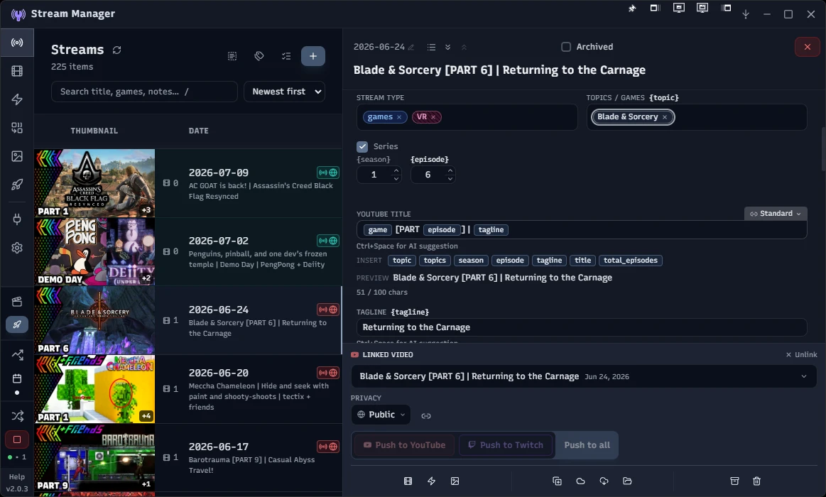Stream Manager's stream details view for reviewing a finished session and filling in its metadata