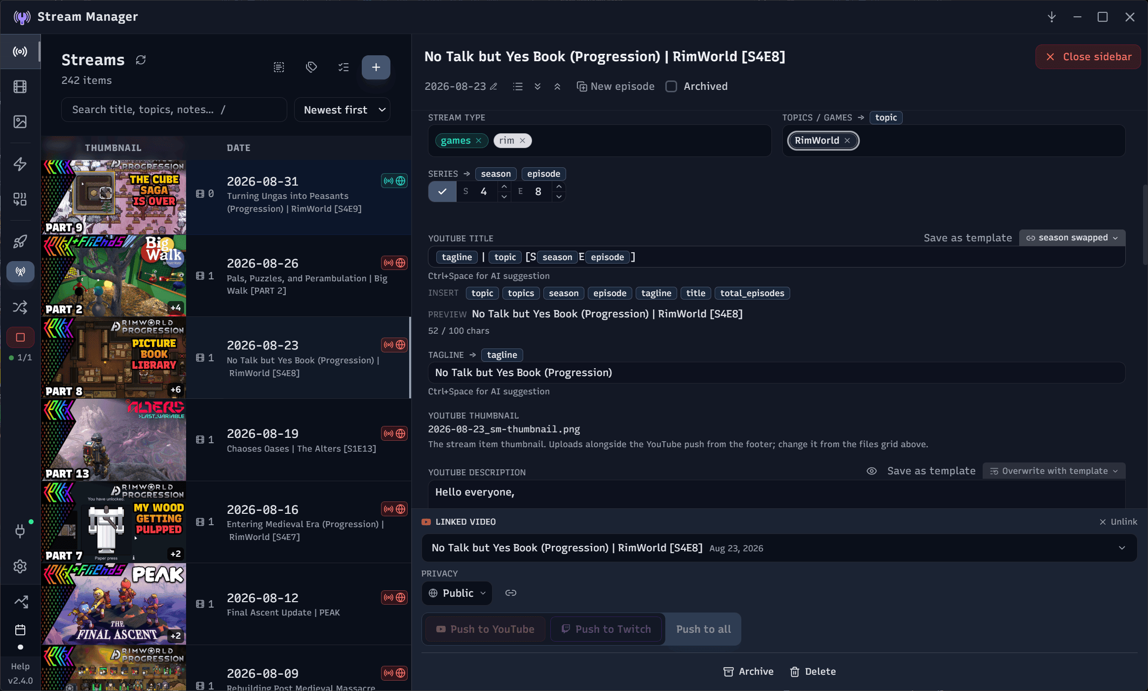 Stream Manager's stream details view for reviewing a finished session and filling in its metadata