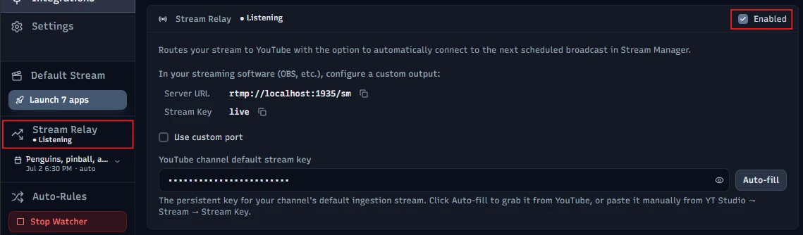 Stream Manager's Stream Relay set up to forward an encoder's stream to YouTube and manage the broadcast
