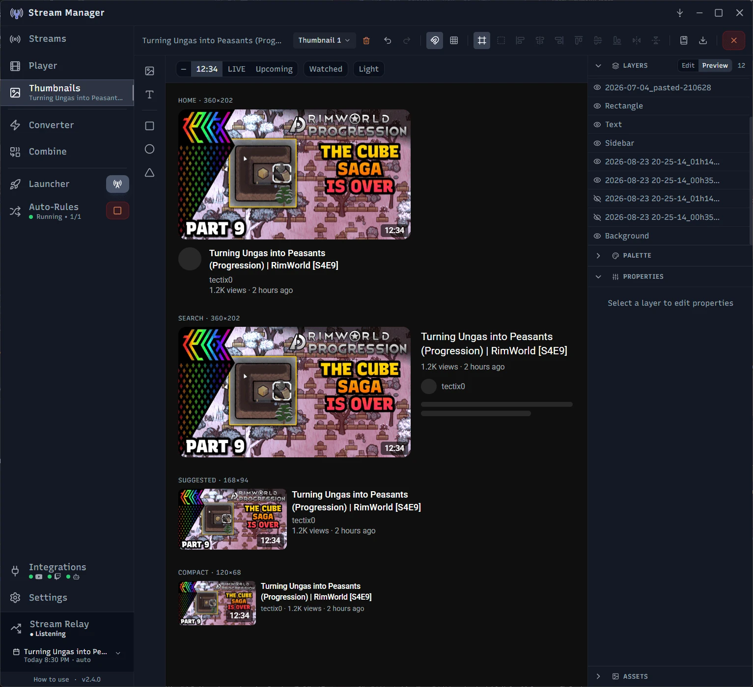 Stream Manager's thumbnail editor in Preview mode, showing one thumbnail rendered as a YouTube home page card, search result, suggested video, and compact row, with badge and theme controls above