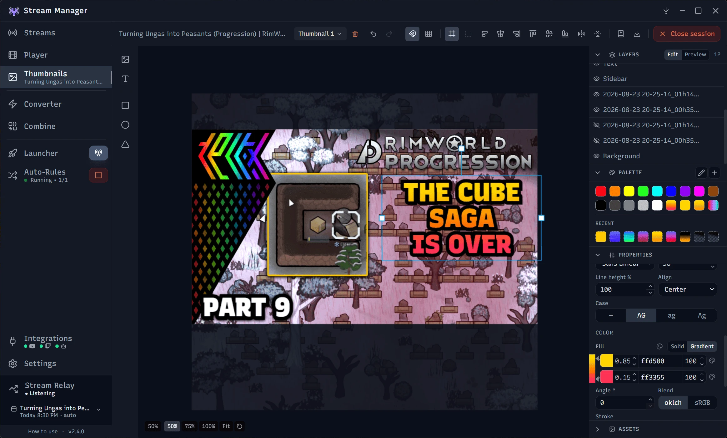 Stream Manager's thumbnail editor: a thumbnail on the canvas with its layers panel, saved color palette, and text fill and stroke properties